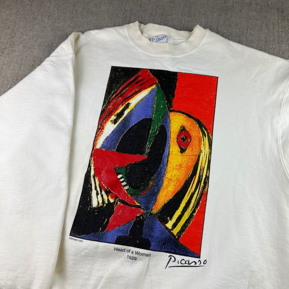Vintage Pablo Picasso Sweatshirt Mens Large White 1995 Head of a Woman Art